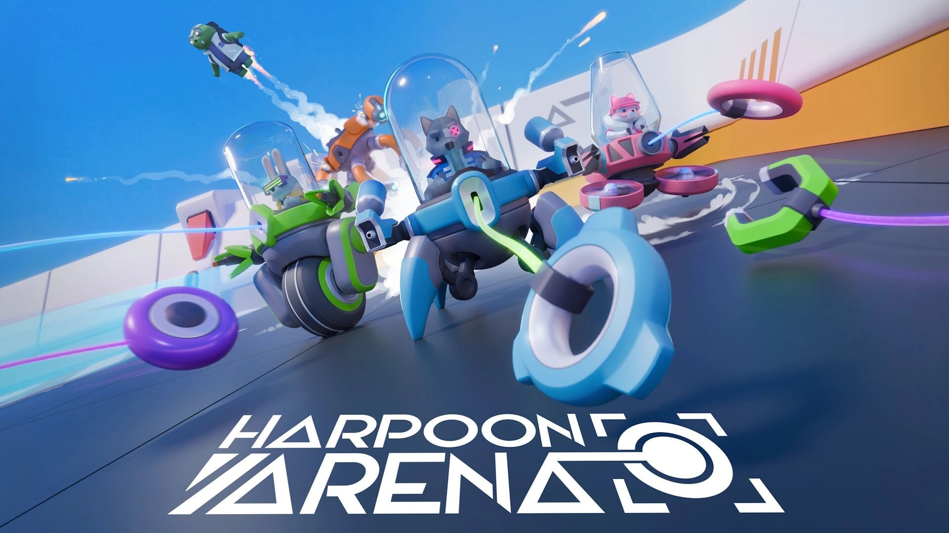 Harpoon Arena: Robots fire glowing harpoons and dodge discs on a sleek futuristic arena platform.