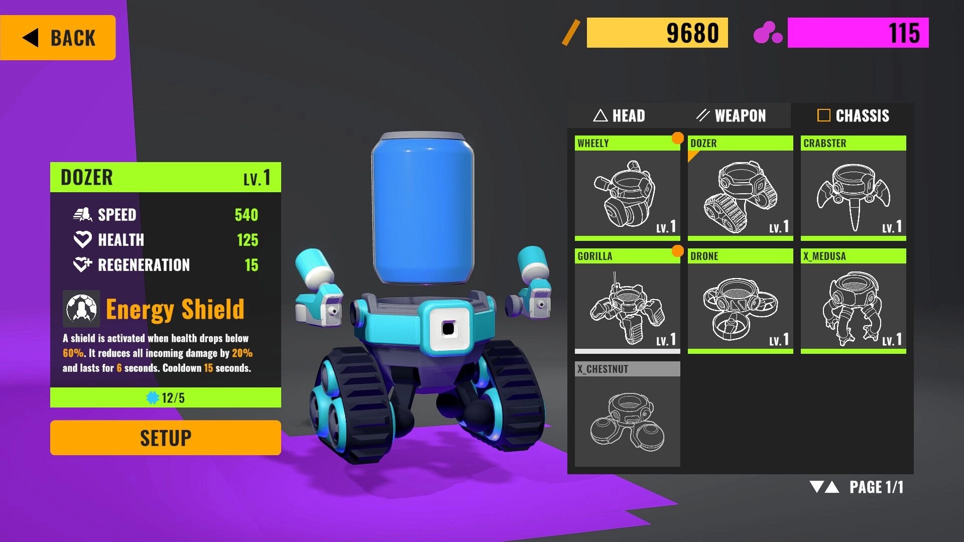 Harpoon Arena: Dozer robot setup screen with stats and chassis selection grid in garage menu.