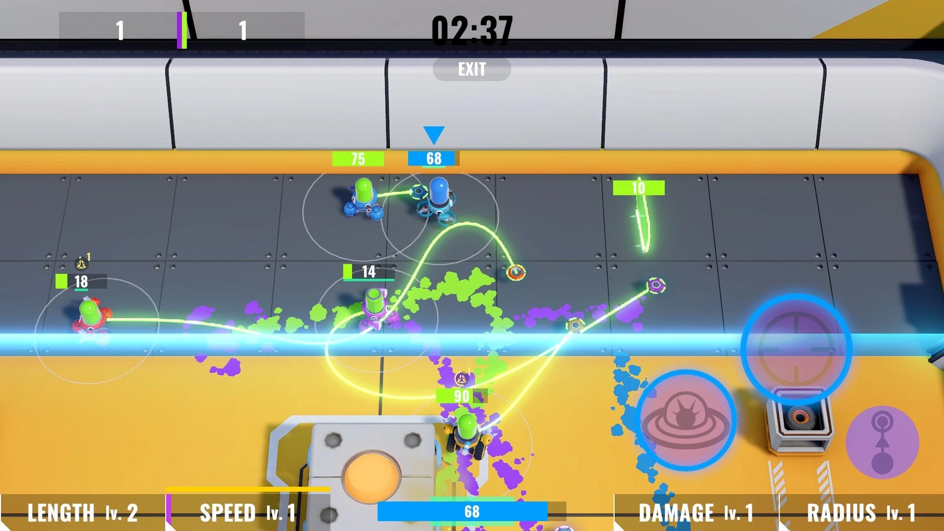 Harpoon Arena: Harpoon lines link green and blue fighters across split arena with timer and upgrade UI.