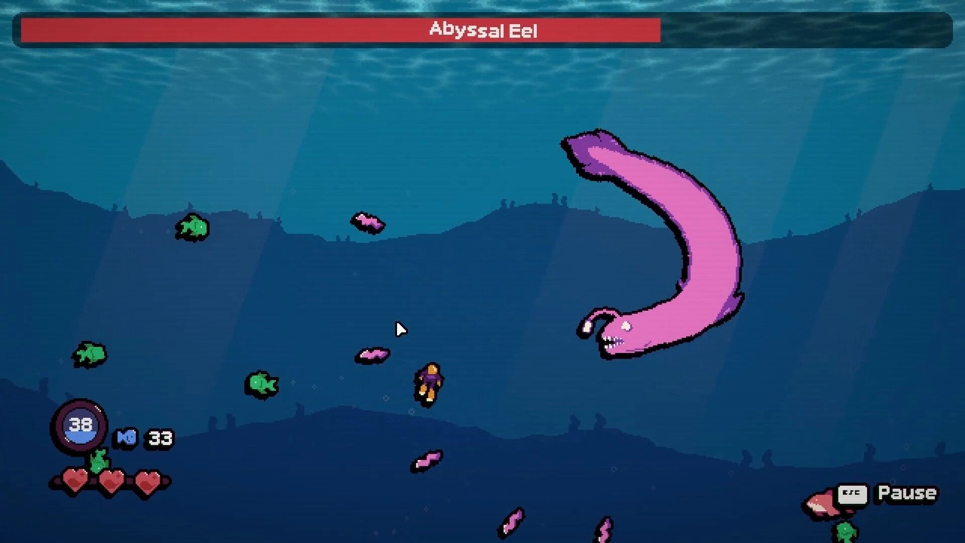 Harpooner: Diver faces Abyssal Eel boss underwater, HUD with hearts, ammo count, and pause button.