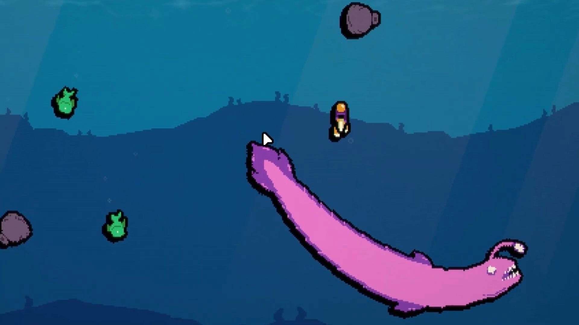 Harpooner: Diver aims cursor at a huge purple alien fish in deep blue underwater cavern.