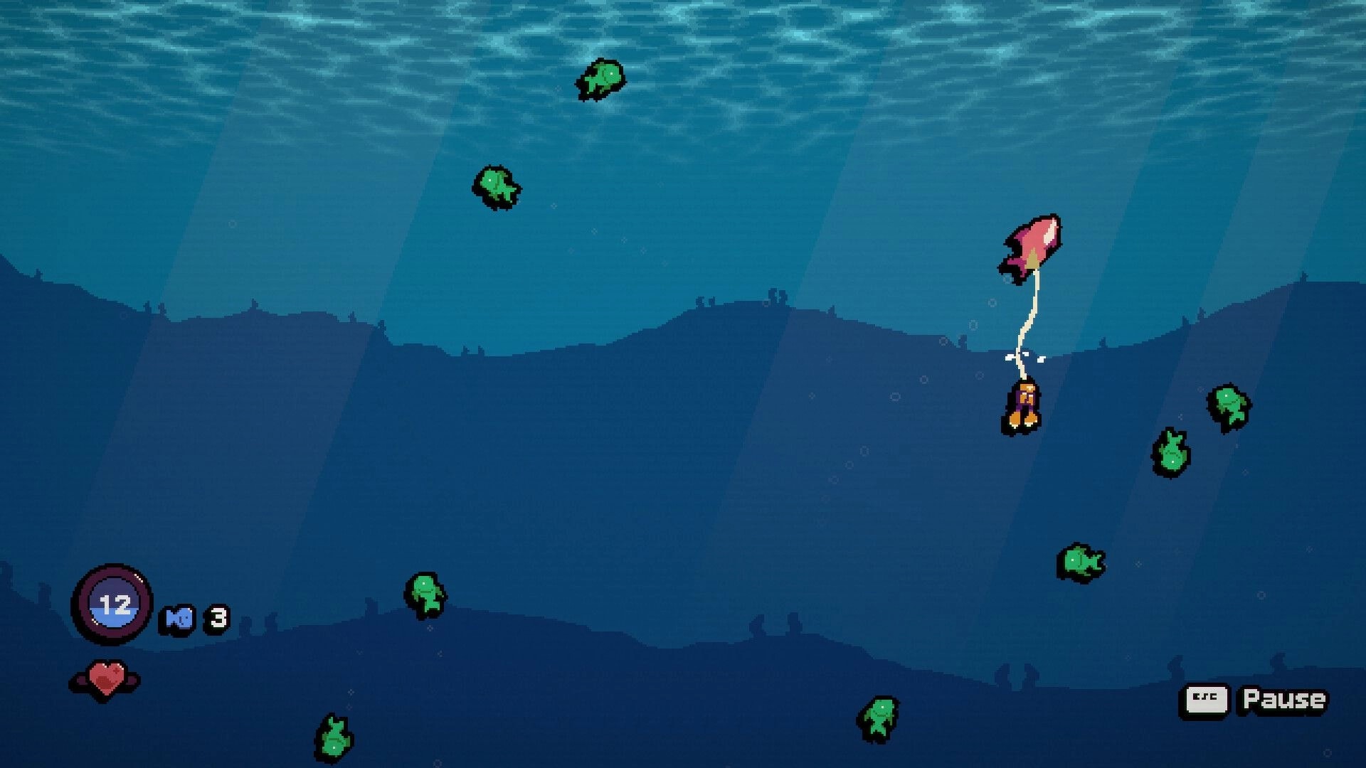 Harpooner: Diver hooked to a pink fish underwater, green fish swarm, depth 12 and pause UI visible.