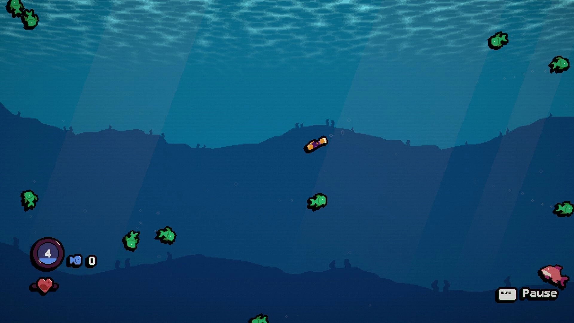 Harpooner: Diver swims underwater among green fish, HUD shows depth 4 and pause button in sea cave.