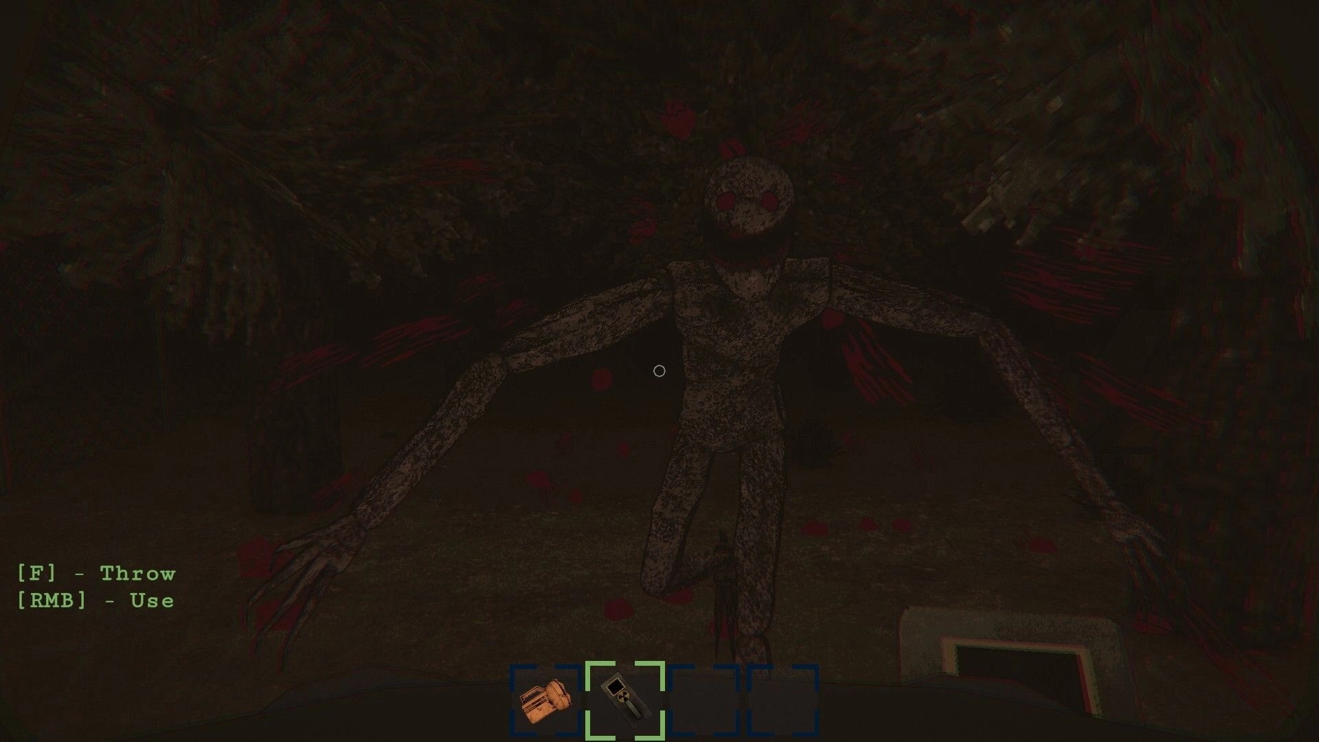 HAUNTMATES: Long-armed monster lunges at crosshair with throw/use prompts in dark woods.