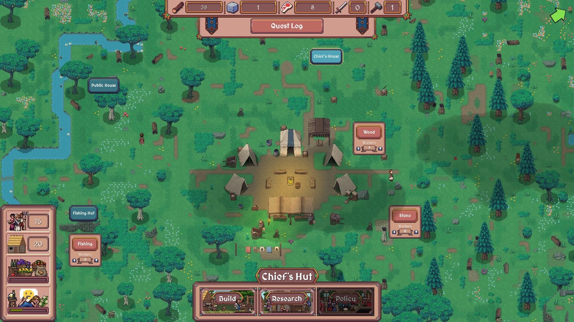 Hearth and Hamlet: Camp village overview with tents and worker panels in a forest clearing UI.