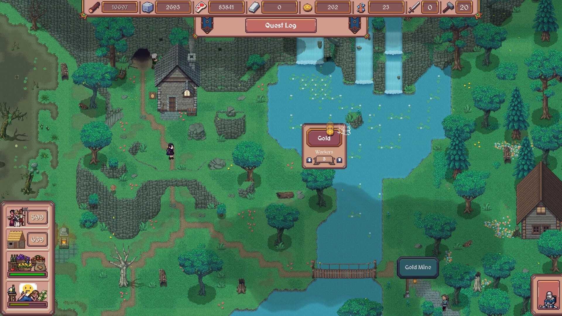 Hearth and Hamlet: Quest Log open over forest river map with gold workers panel by waterfalls and mine.