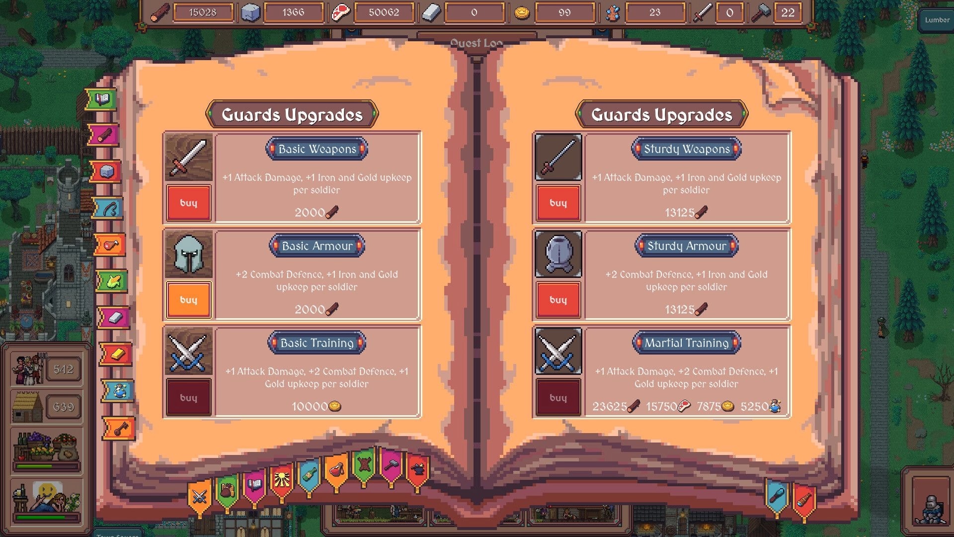 Hearth and Hamlet: Guards Upgrades quest log open with buy buttons over forest town backdrop.