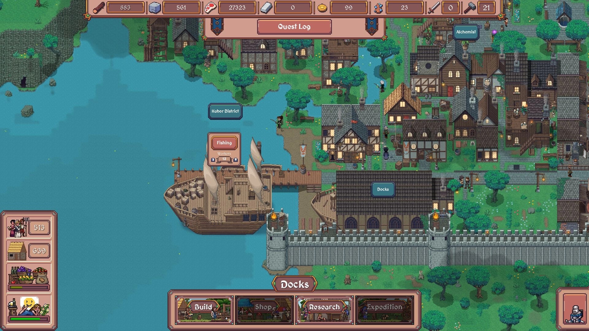 Hearth and Hamlet: Harbor docks with ship and fishing workers UI, town buildings and quest log overhead.