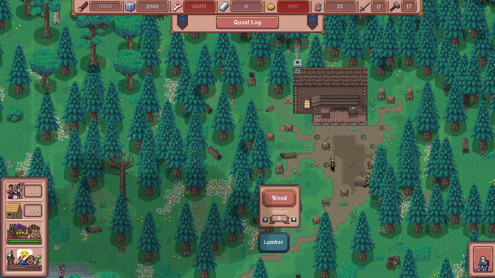 Hearth and Hamlet: Lumber woodcutting panel open near a cabin clearing in dense forest with workers UI.