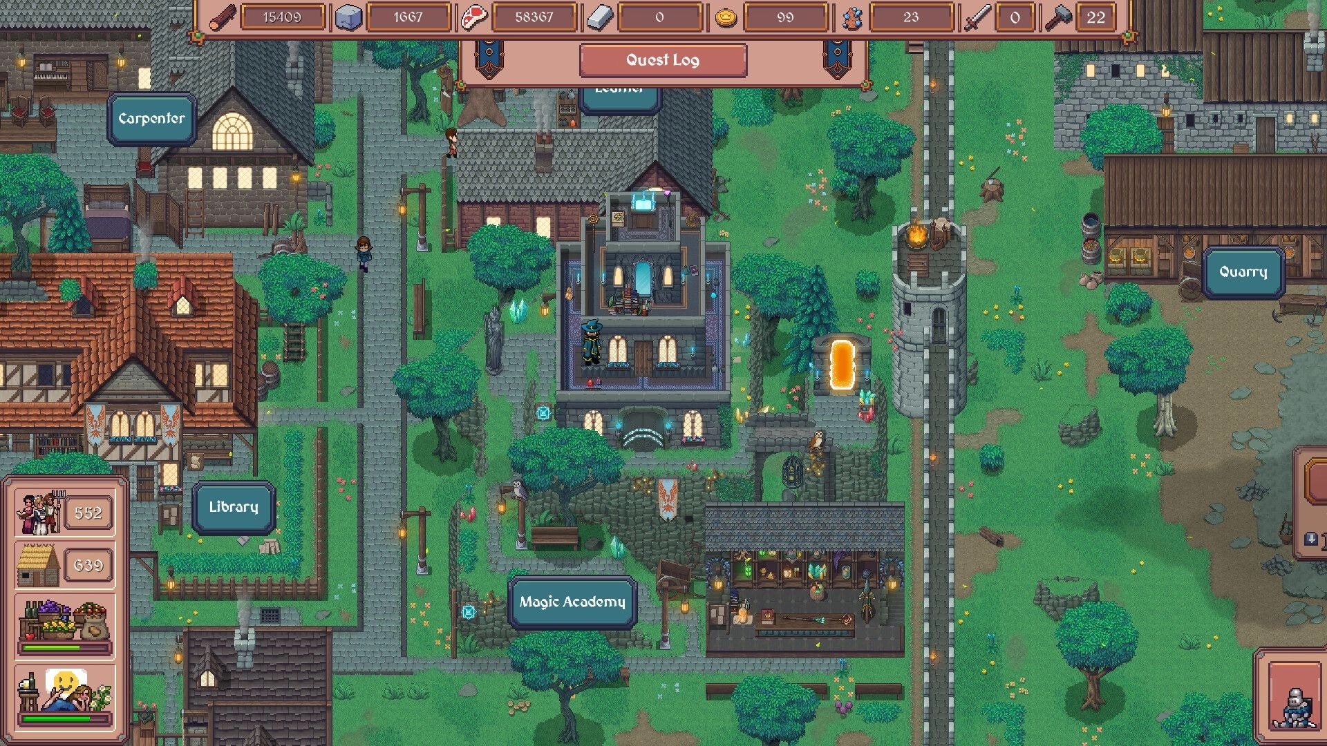 Hearth and Hamlet: Quest Log open over town hub with Magic Academy, Library, Quarry, and tower paths.
