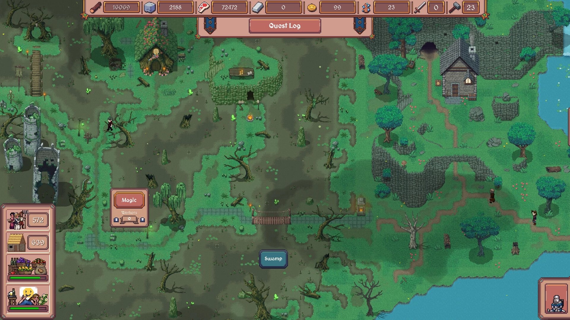 Hearth and Hamlet: Quest Log open over swamp map with ruins, huts, bridges, and resource bar UI.