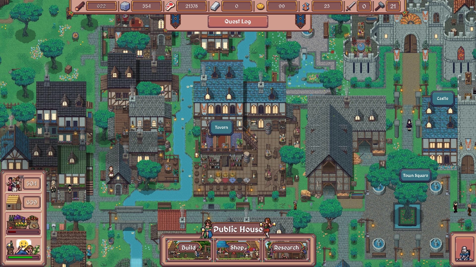 Hearth and Hamlet: Quest Log over town view with tavern, castle, town square labels and resource bar UI.