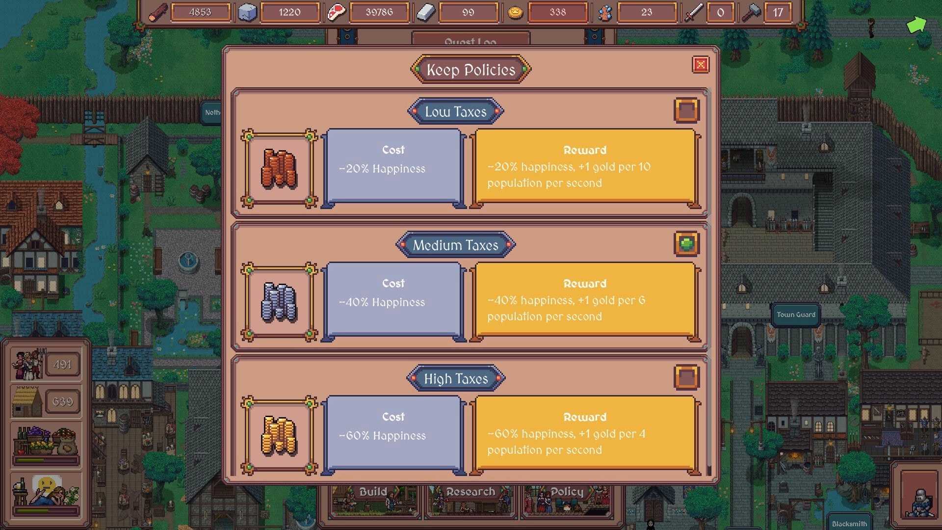 Hearth and Hamlet: Keep Policies menu selecting tax rates over a pixel town with resources bar on top.