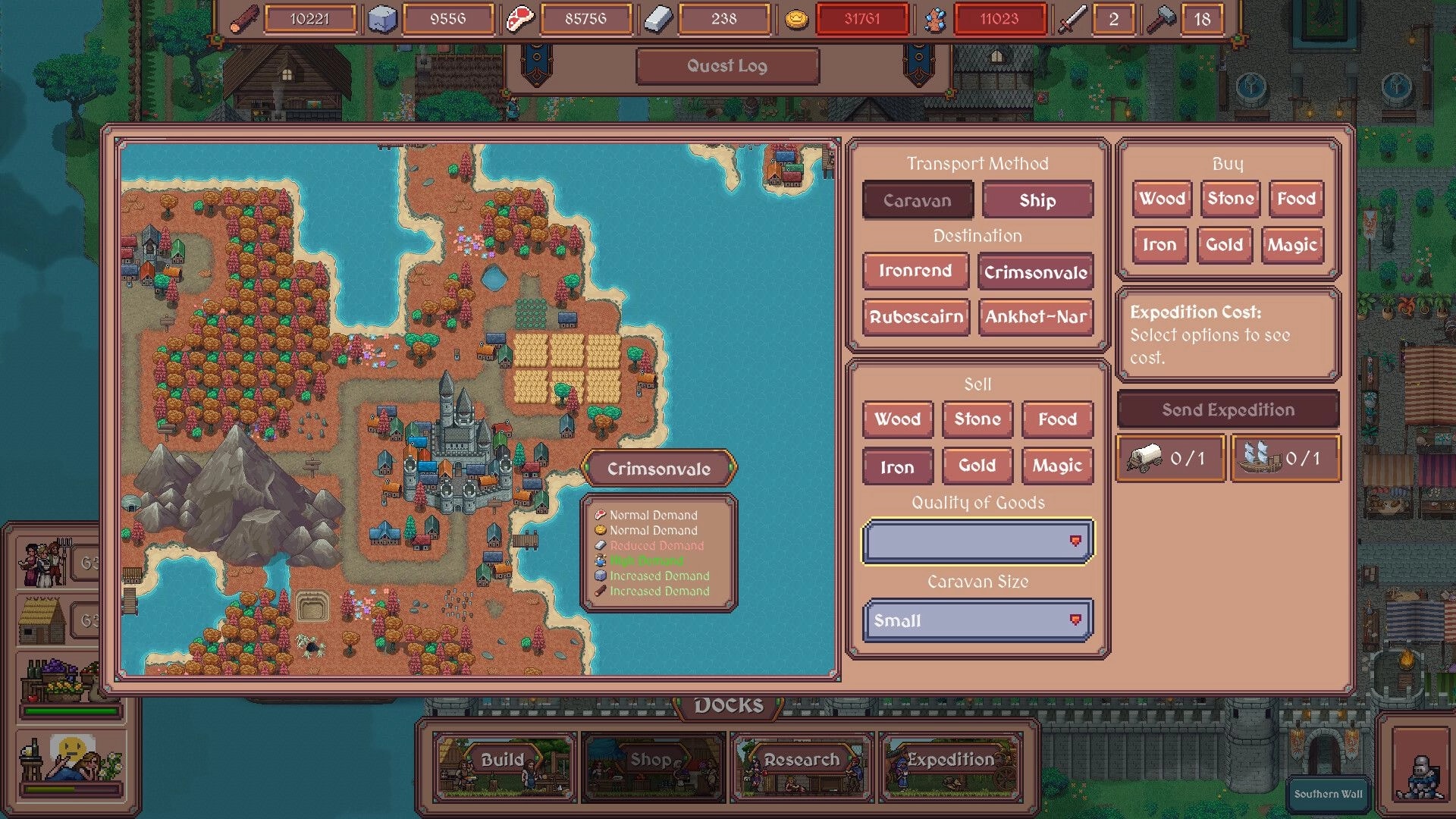 Hearth and Hamlet: Expedition trade menu to Crimsonvale with map view and ship transport options UI.