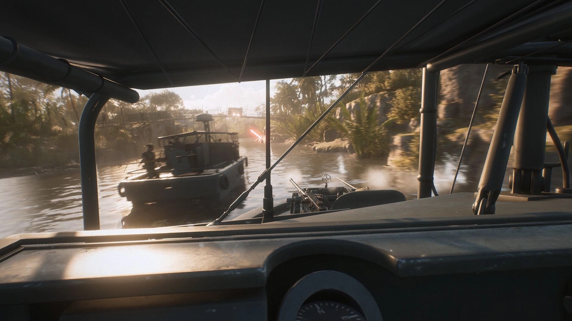 Hell Let Loose: First-person view from patrol boat chasing another craft on a jungle river at dusk.