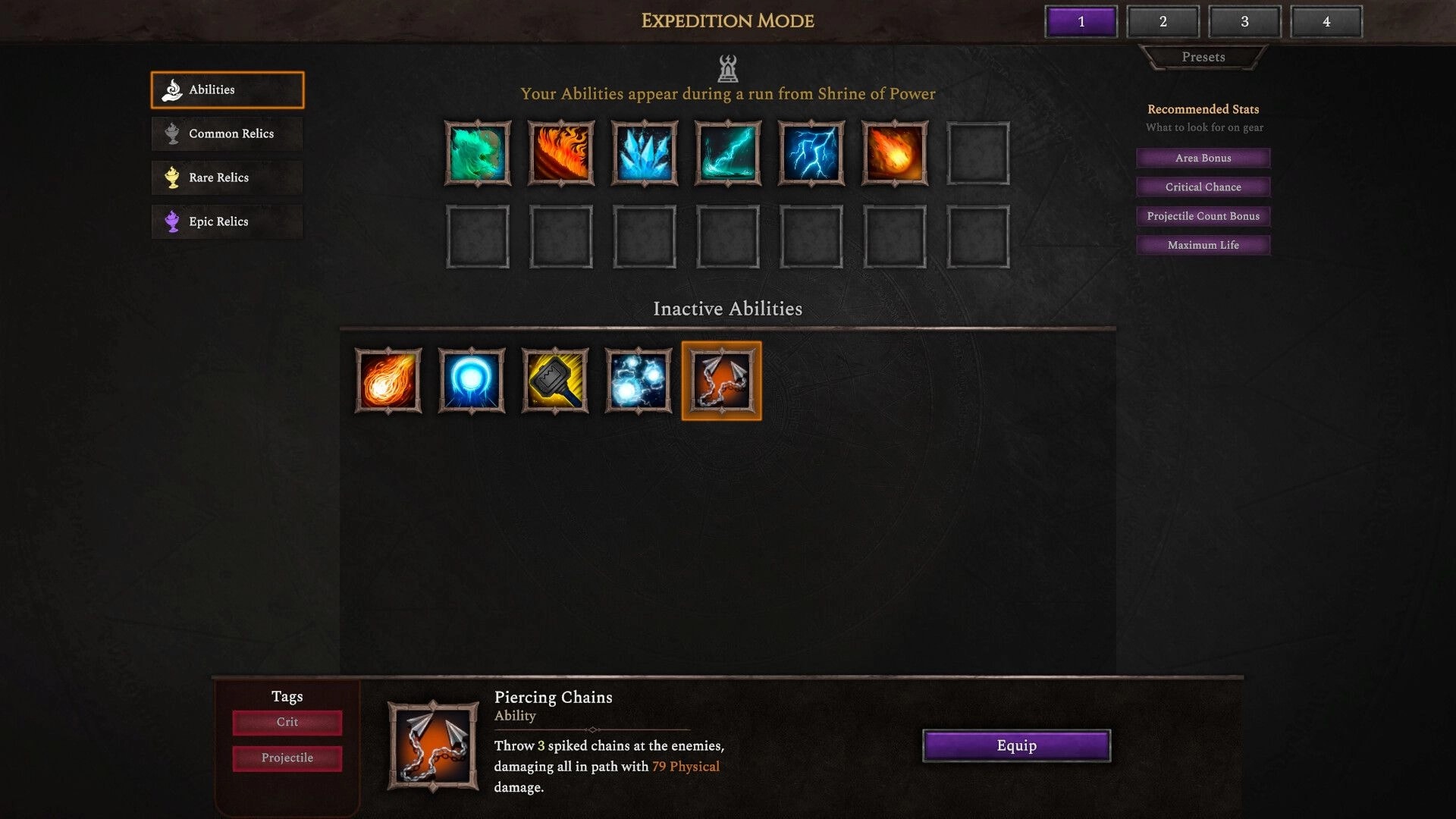 Hellforged: Expedition mode abilities loadout screen with active slots, inactive skills, and equip button.