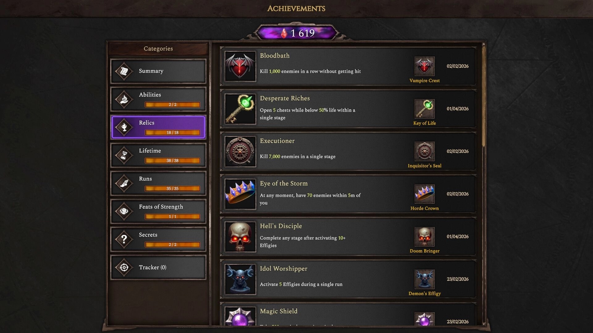 Hellforged: Achievements menu with Relics category selected, listing badges, dates, and rewards icons.