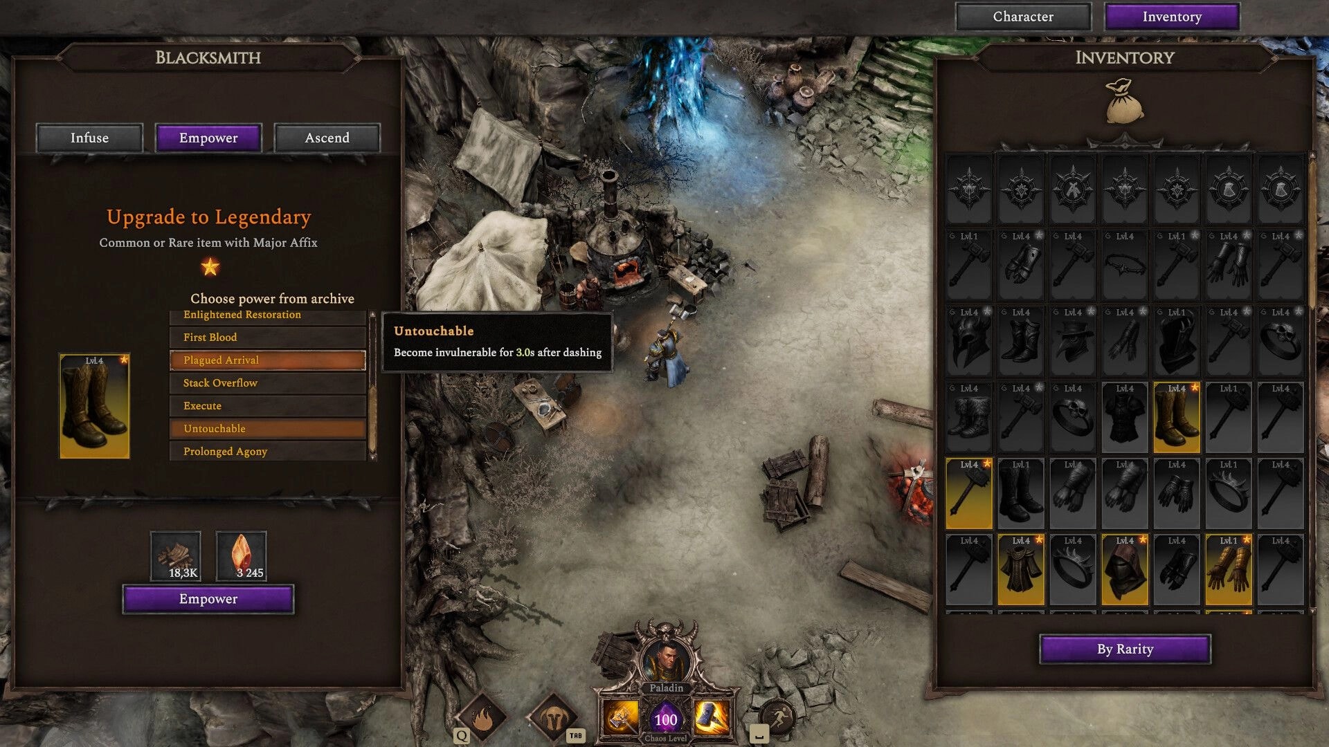 Hellforged: Blacksmith empower menu upgrading boots to legendary beside full inventory in rocky camp hub.