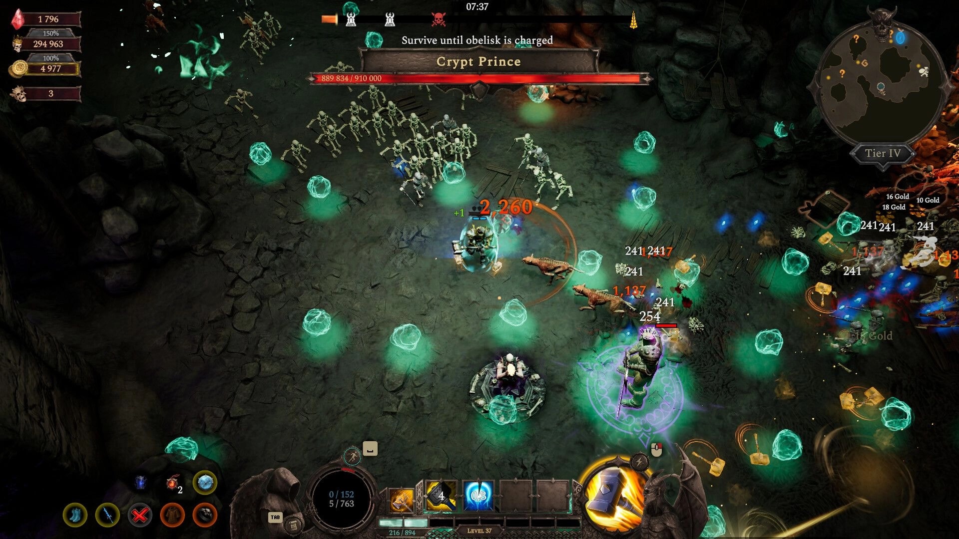 Hellforged: Battling skeleton mobs and Crypt Prince boss in a dark cavern, obelisk timer UI visible.