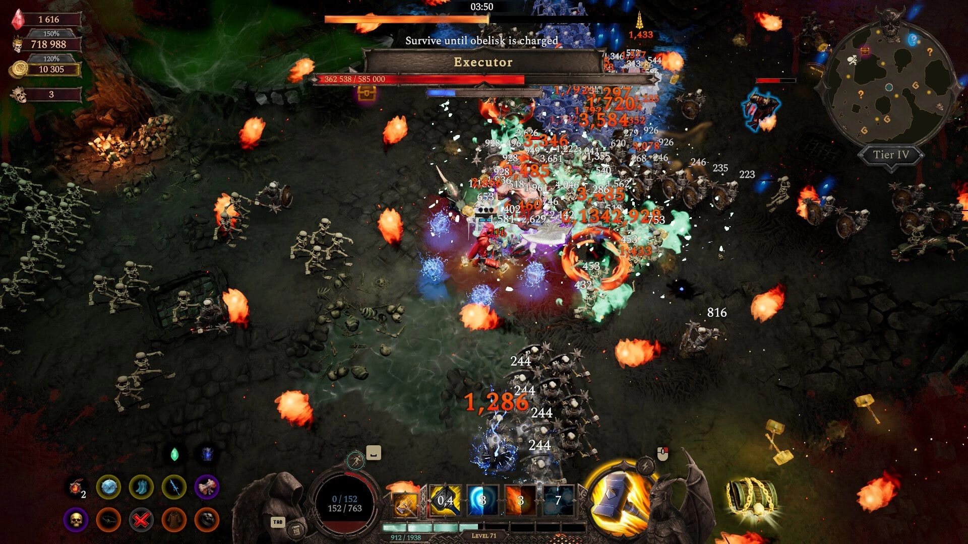 Hellforged: Player battles the Executor boss amid swarming skeletons and fireballs in a dark arena map.