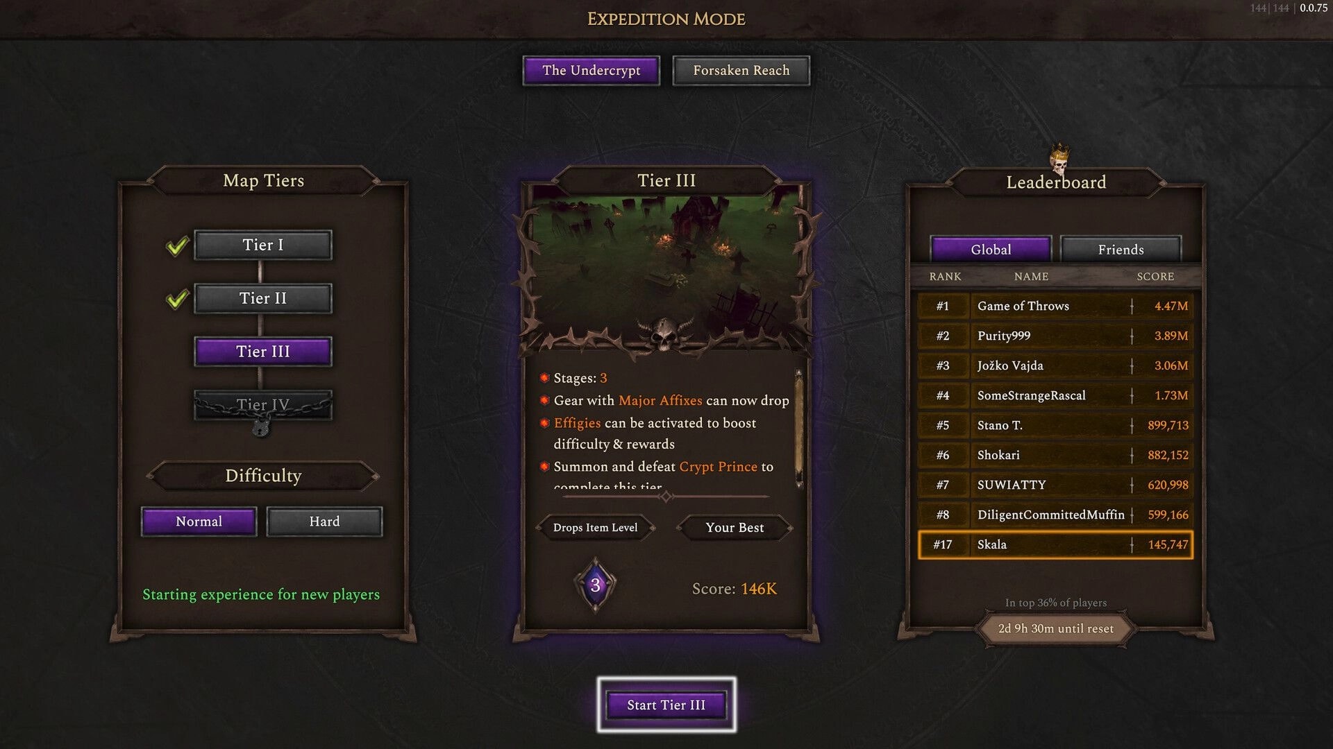 Hellforged: Expedition Mode tier selection menu with Map Tiers, difficulty options, and leaderboard panel.