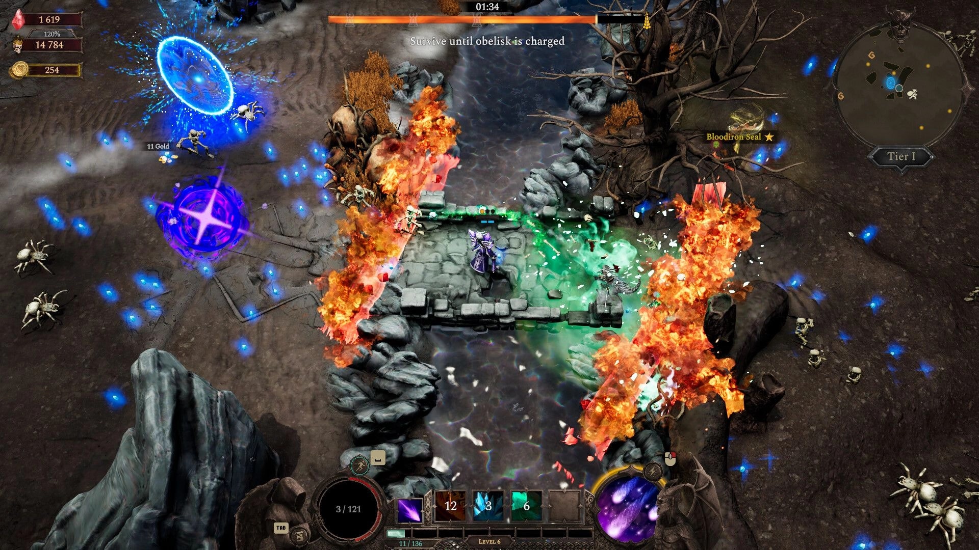 Hellforged: Mage dodges flames and poison on a stone bridge as blue projectiles swarm a wasteland map.