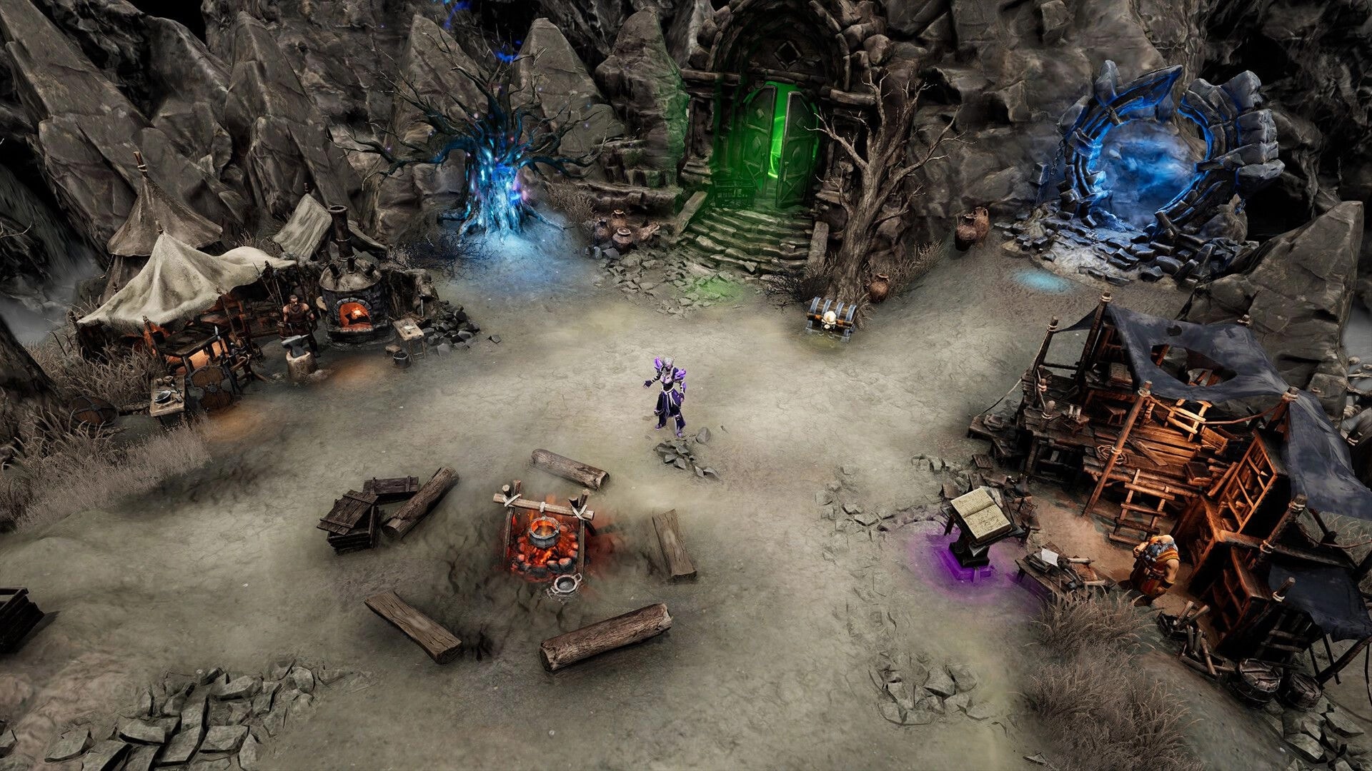 Hellforged: Armored hero stands in rocky hub camp with tents, forge, chest, and glowing portals.