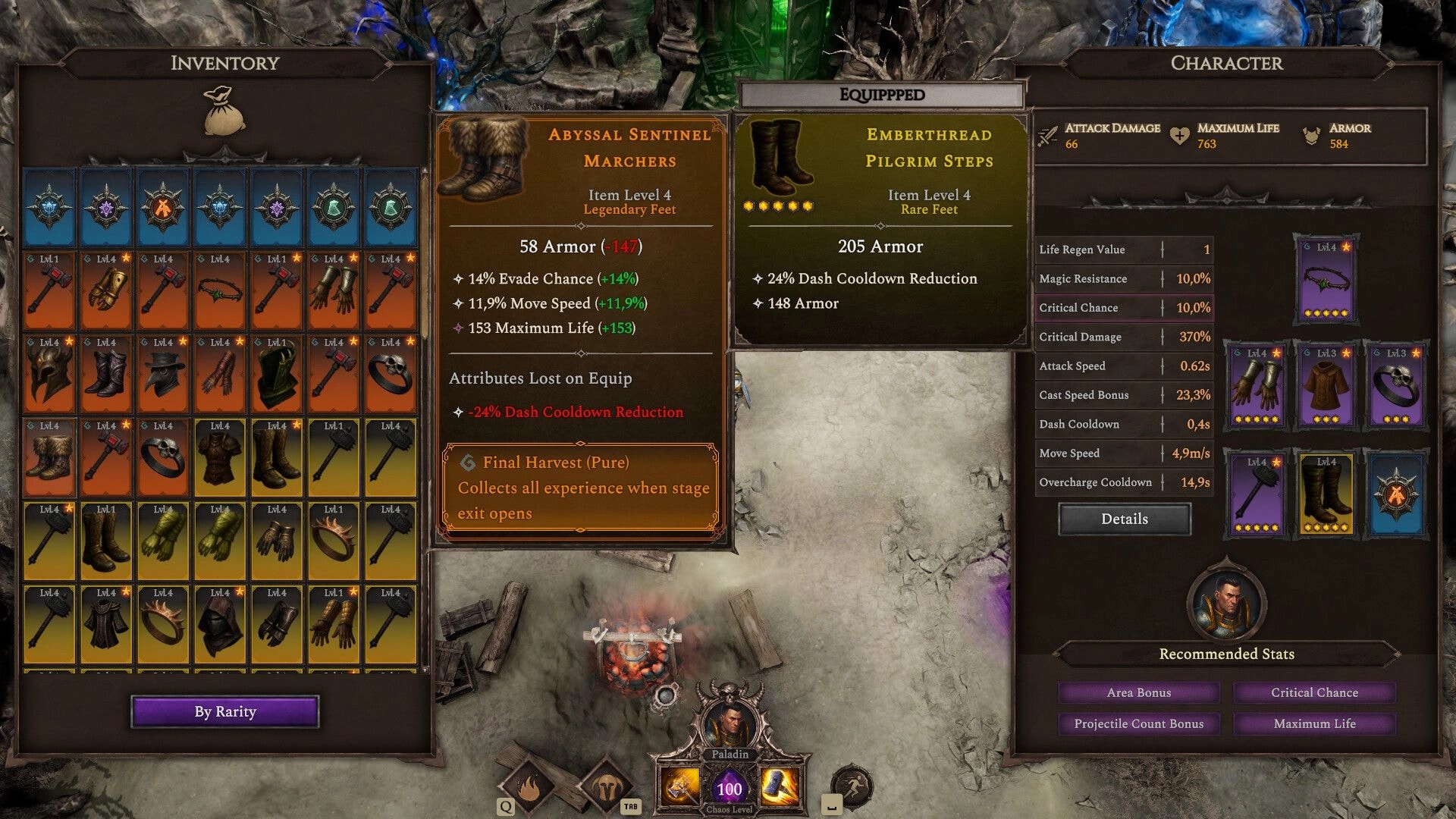 Hellforged: Inventory and character stats screens comparing boots gear over a rocky dungeon floor.