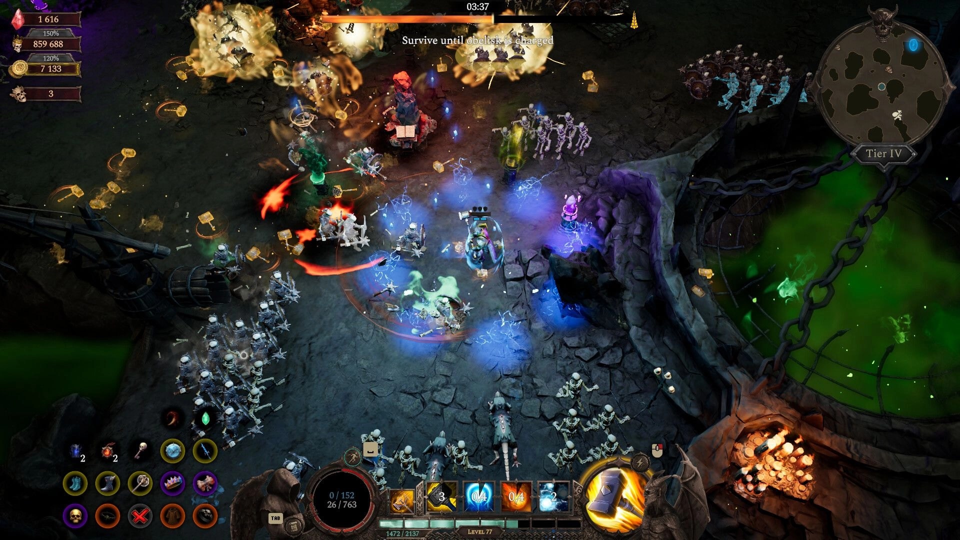 Hellforged: Hero battles swarming skeletons amid explosions and loot on a dark stone arena map UI.