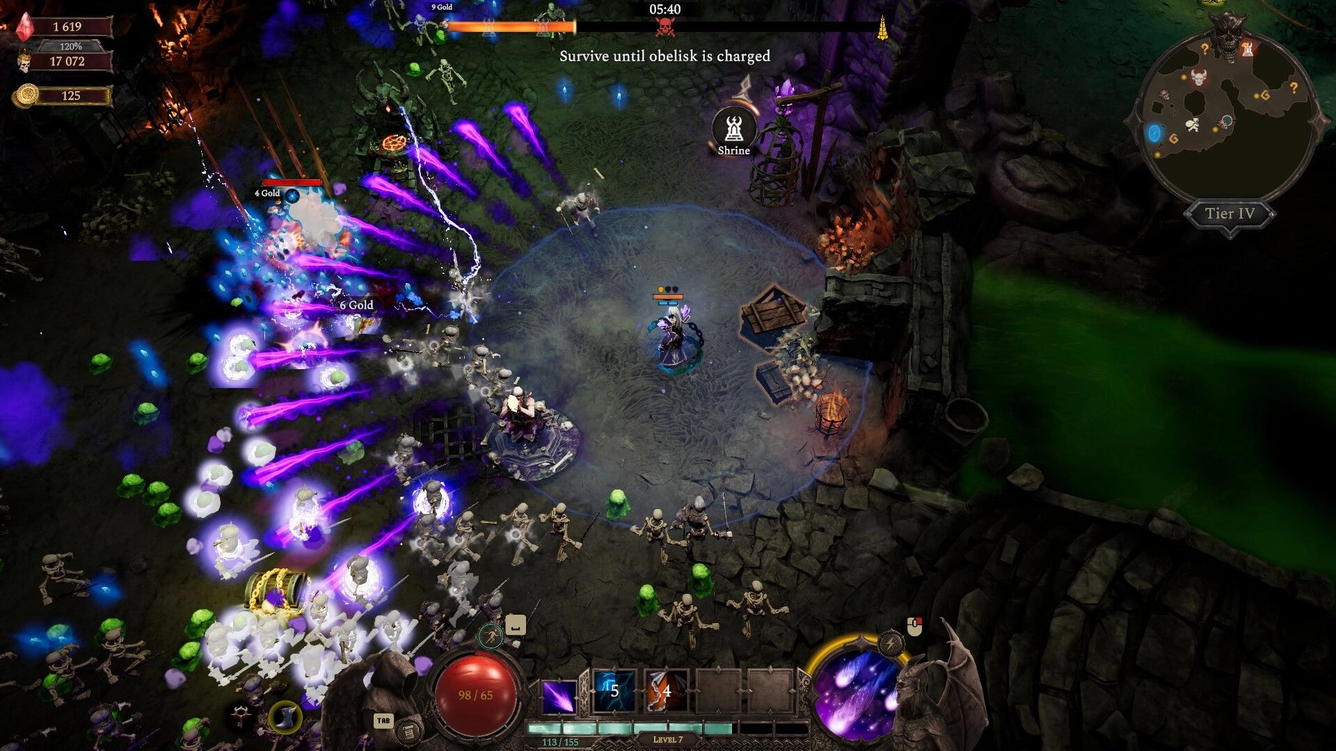 Hellforged: Mage fires purple bolts at skeleton horde near Shrine in dark dungeon arena, Tier IV map.