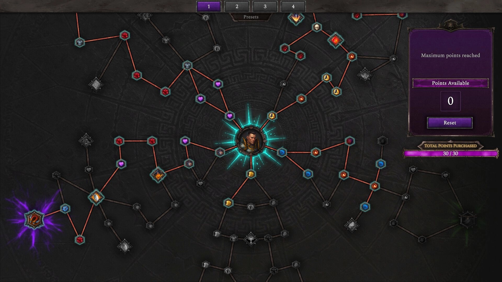 Hellforged: Skill tree upgrade screen with branching nodes and hero portrait, points maxed UI panel.
