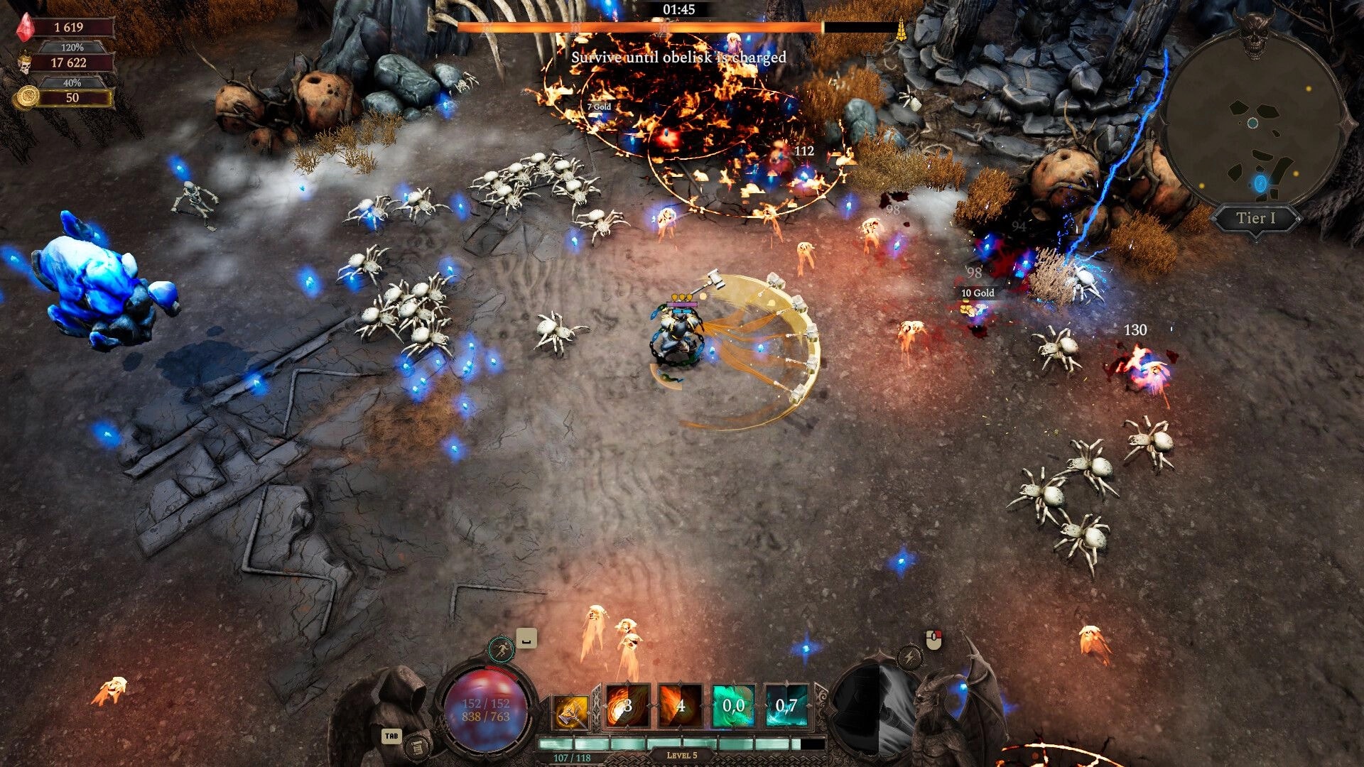 Hellforged: Player battles swarms of spiders and fiery enemies near a charged obelisk on rocky map.