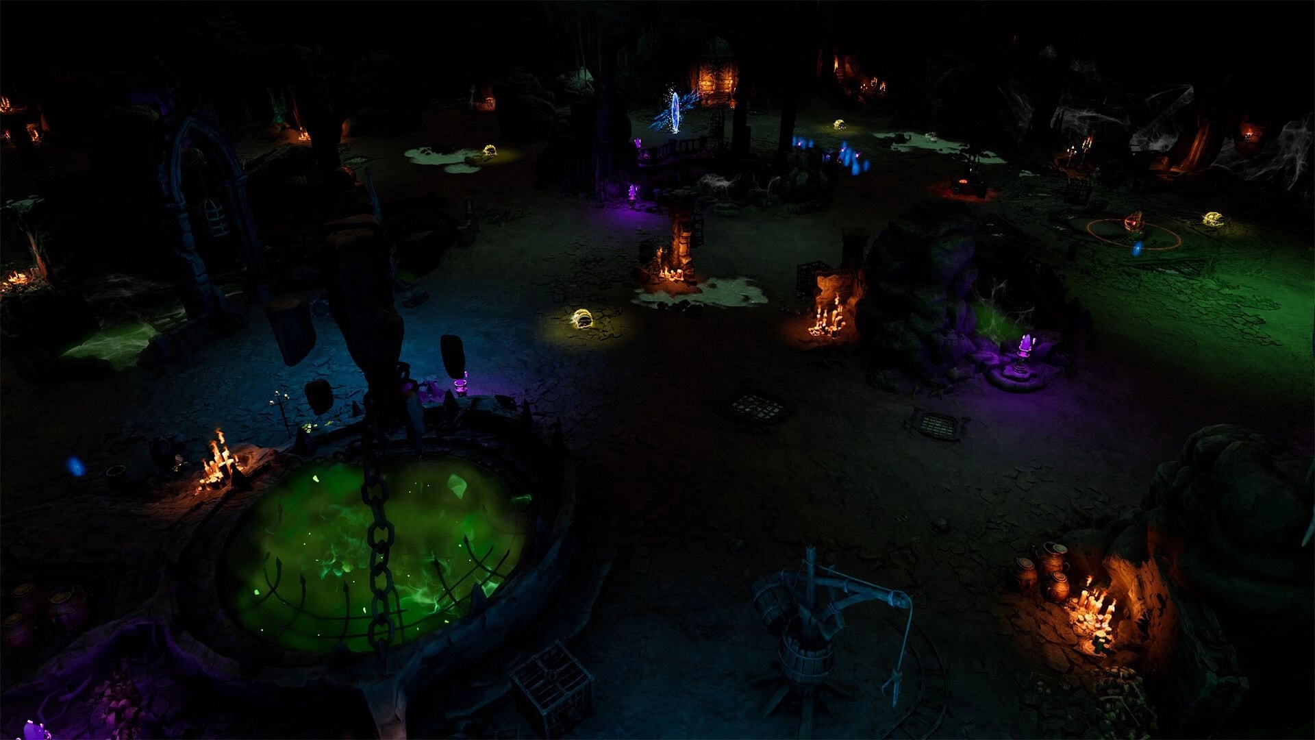 Hellforged: Overhead view of a dark cavern arena with glowing portals, candles, and toxic green pit.
