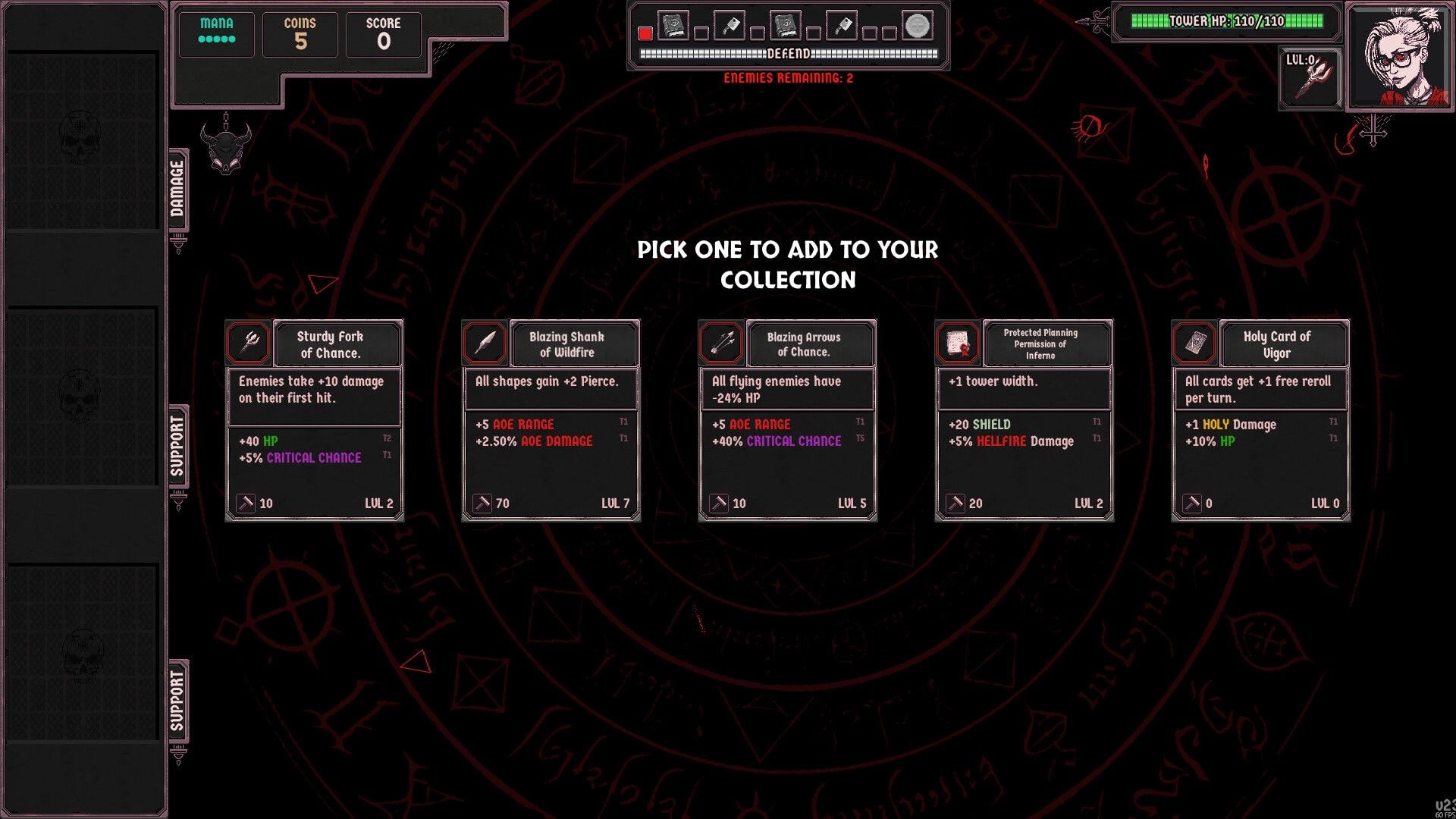 Heretic’s Rapture: Card reward choice menu with five upgrade cards on dark occult rune backdrop.