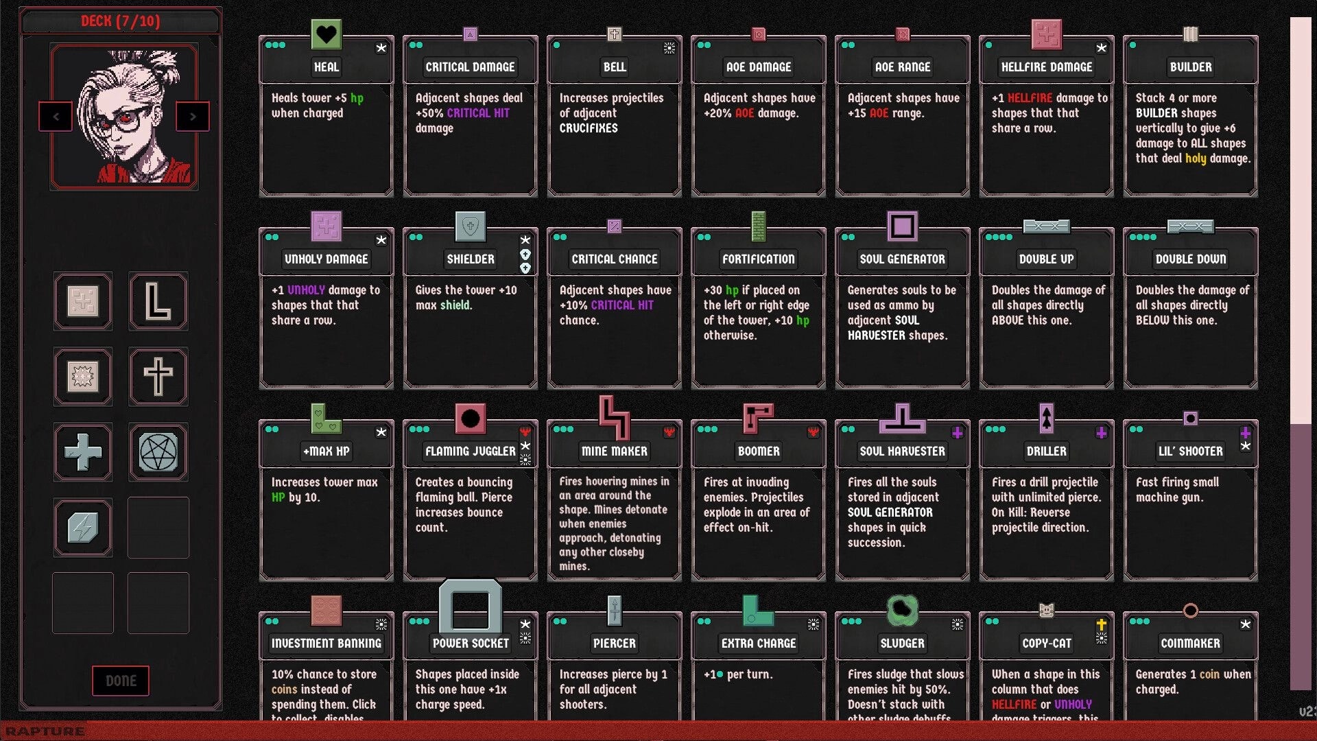 Heretic’s Rapture: Deck-building screen with upgrade cards and block icons beside a character portrait.