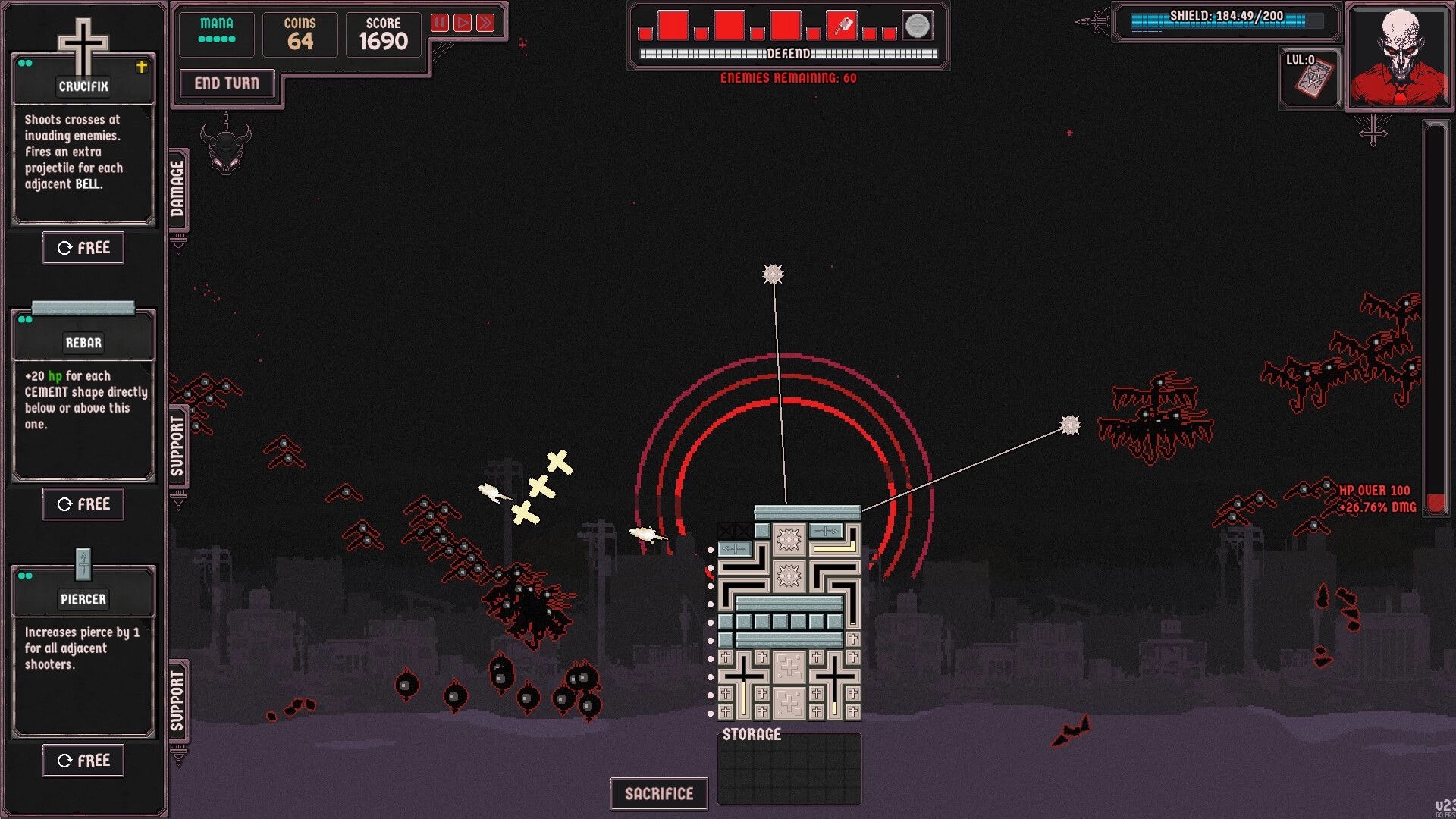 Heretic’s Rapture: Tower defense build phase with block tower, card list UI, demon swarms at night.