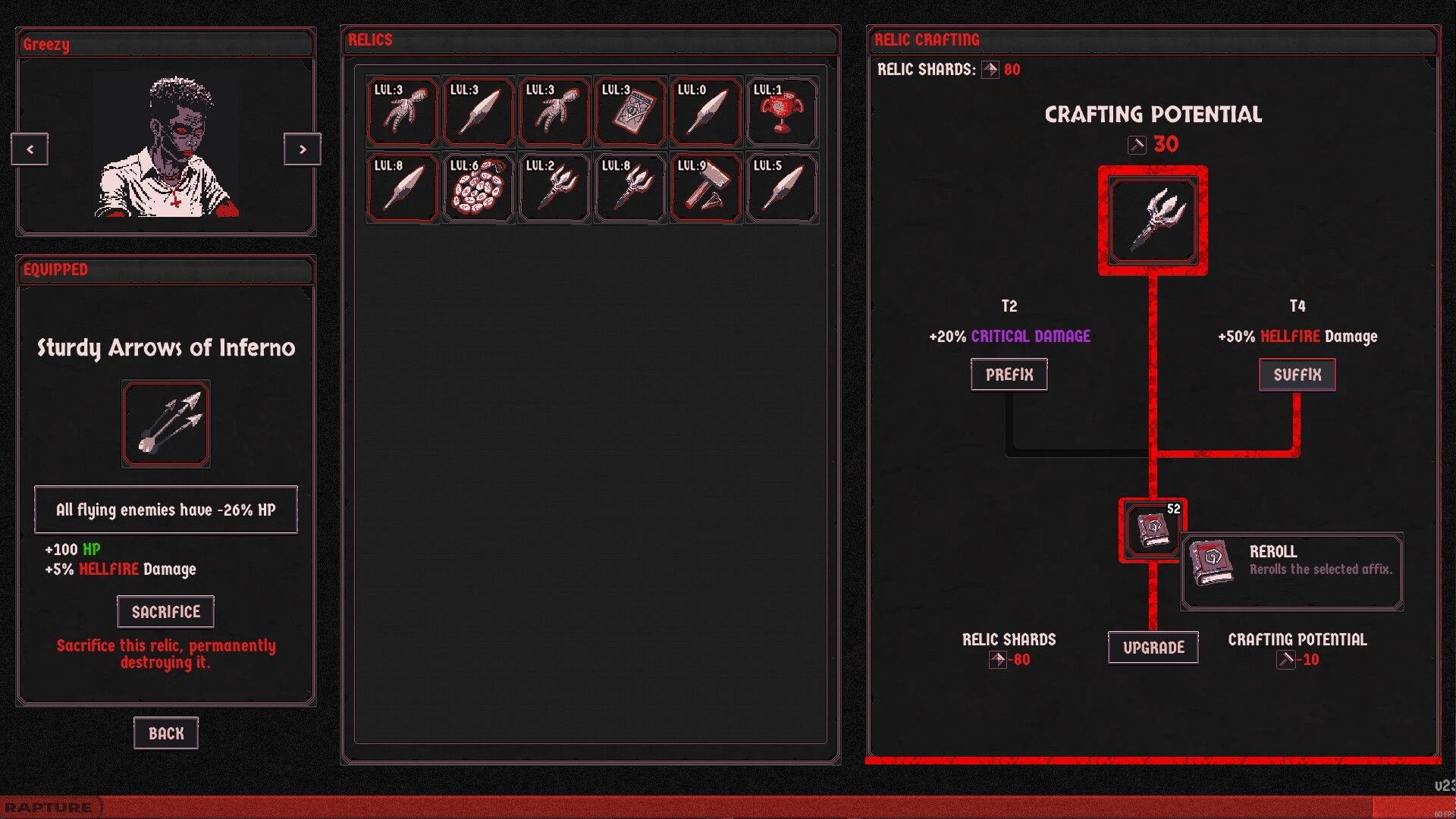 Heretic’s Rapture: Relic crafting screen with relic grid, equipped arrows, prefix/suffix tree and reroll.