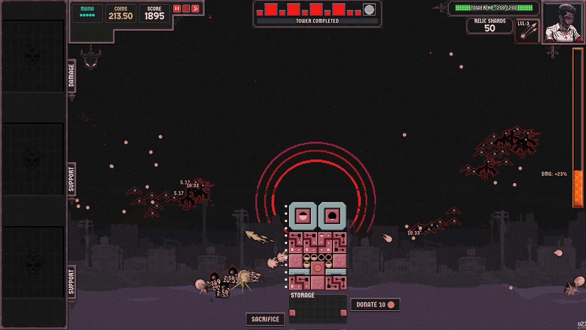 Heretic’s Rapture: Block tower under demon swarms with Tower HP and coins UI in dark graveyard sky.