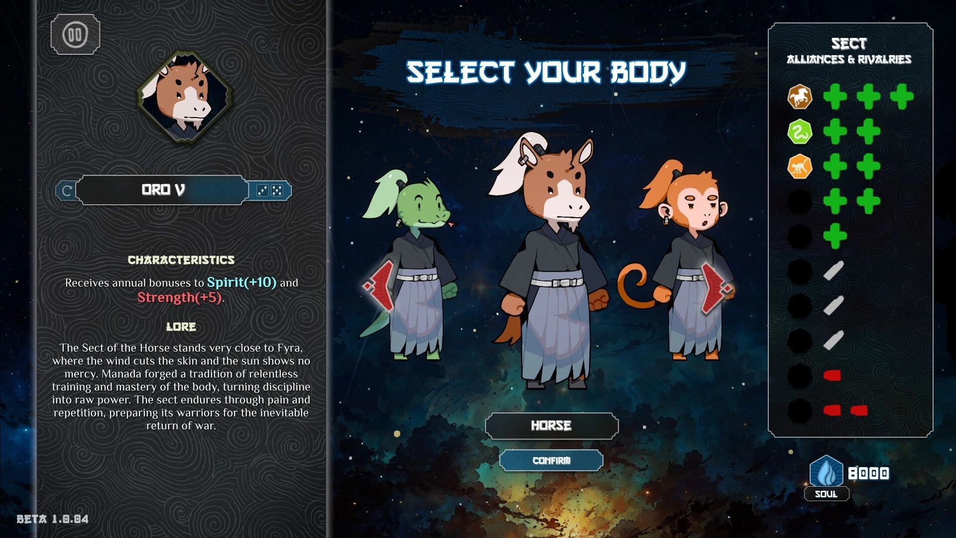 Heritage: Select your body menu with three animal avatars and sect bonuses on a starry backdrop.