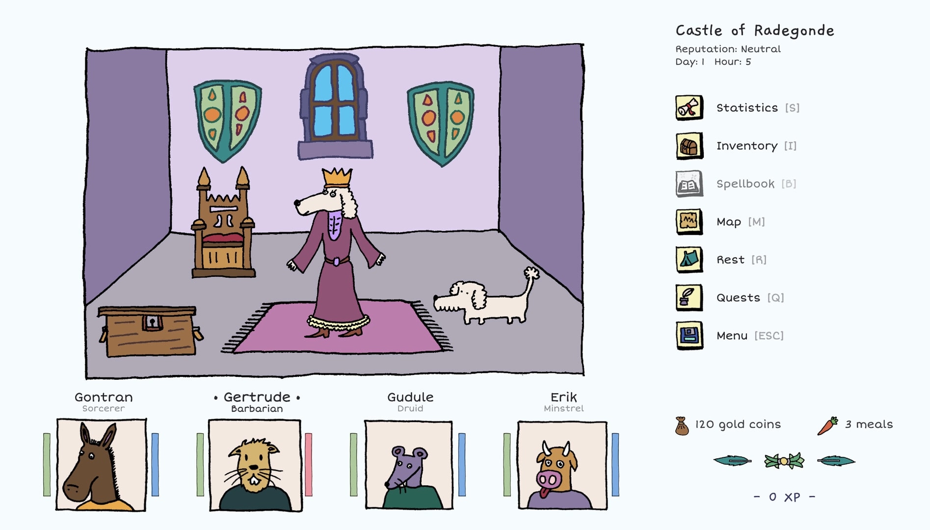 Heroes of the Seven Islands: Queen and dog in castle room, UI with stats, map, quests on right