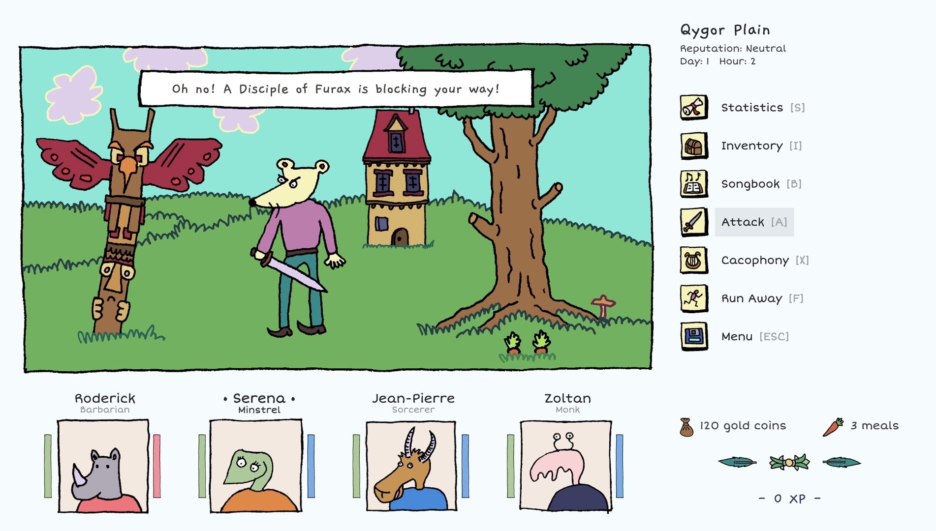 Heroes of the Seven Islands: Jean-Pierre confronts Disciple of Furax in grassy Qygor Plain with UI options.