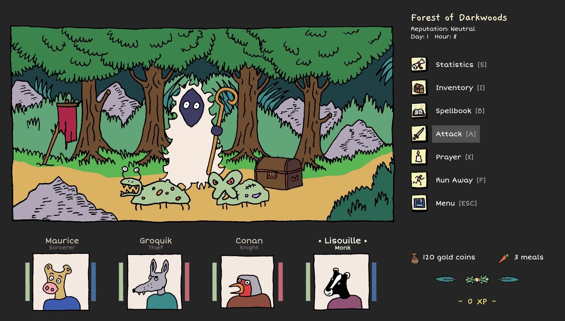Heroes of the Seven Islands: Forest encounter with creatures and treasure chest, action menu on right