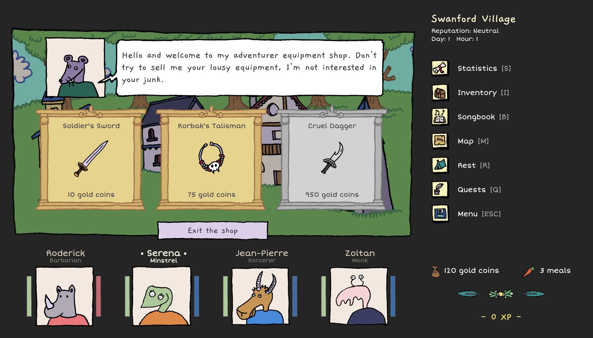 Heroes of the Seven Islands: Shop interface with items for sale and party members in Swanford Village