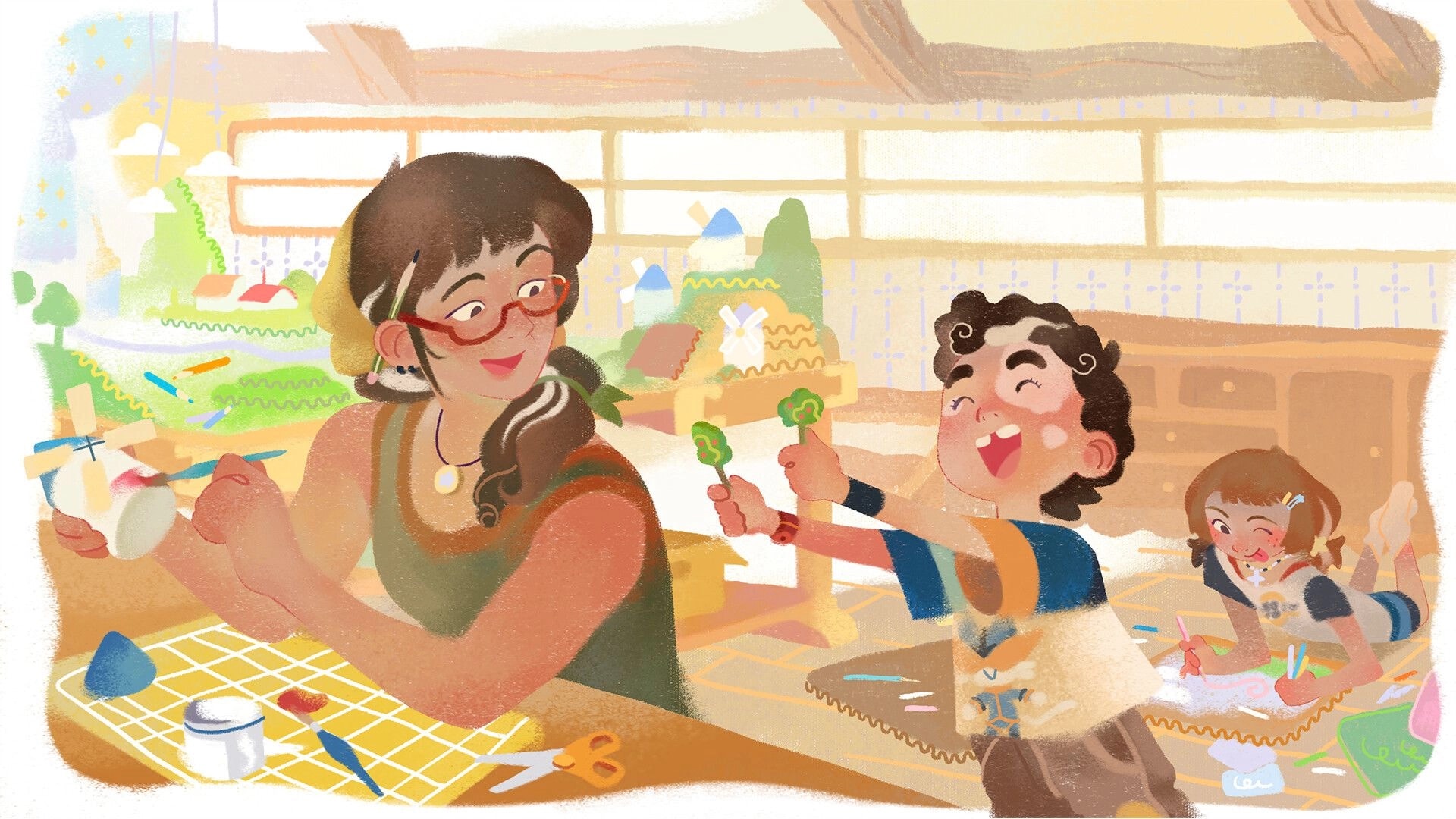 Hidalgo: Woman crafting at a table as kids play with paint and clay in a warm, sunlit room.