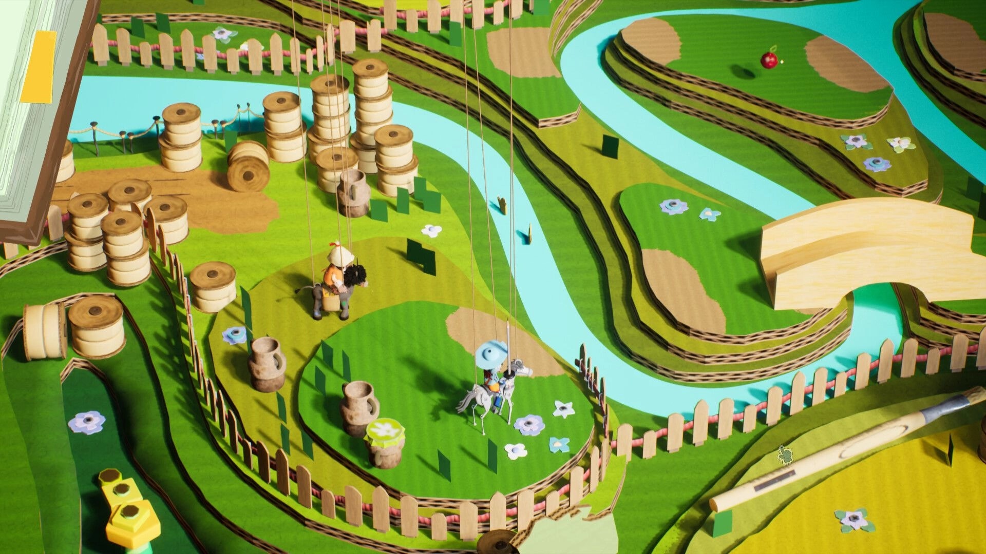 Hidalgo: Don Quijote on a toy horse near fences and barrels beside a winding blue river map.