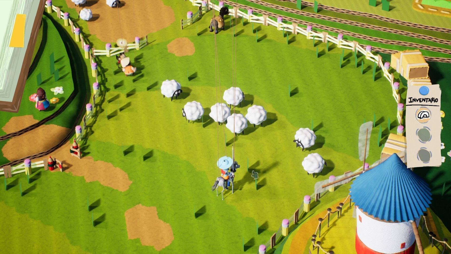 Hidalgo: Don Quijote on horseback near sheep in fenced pasture, Inventario panel open on right.