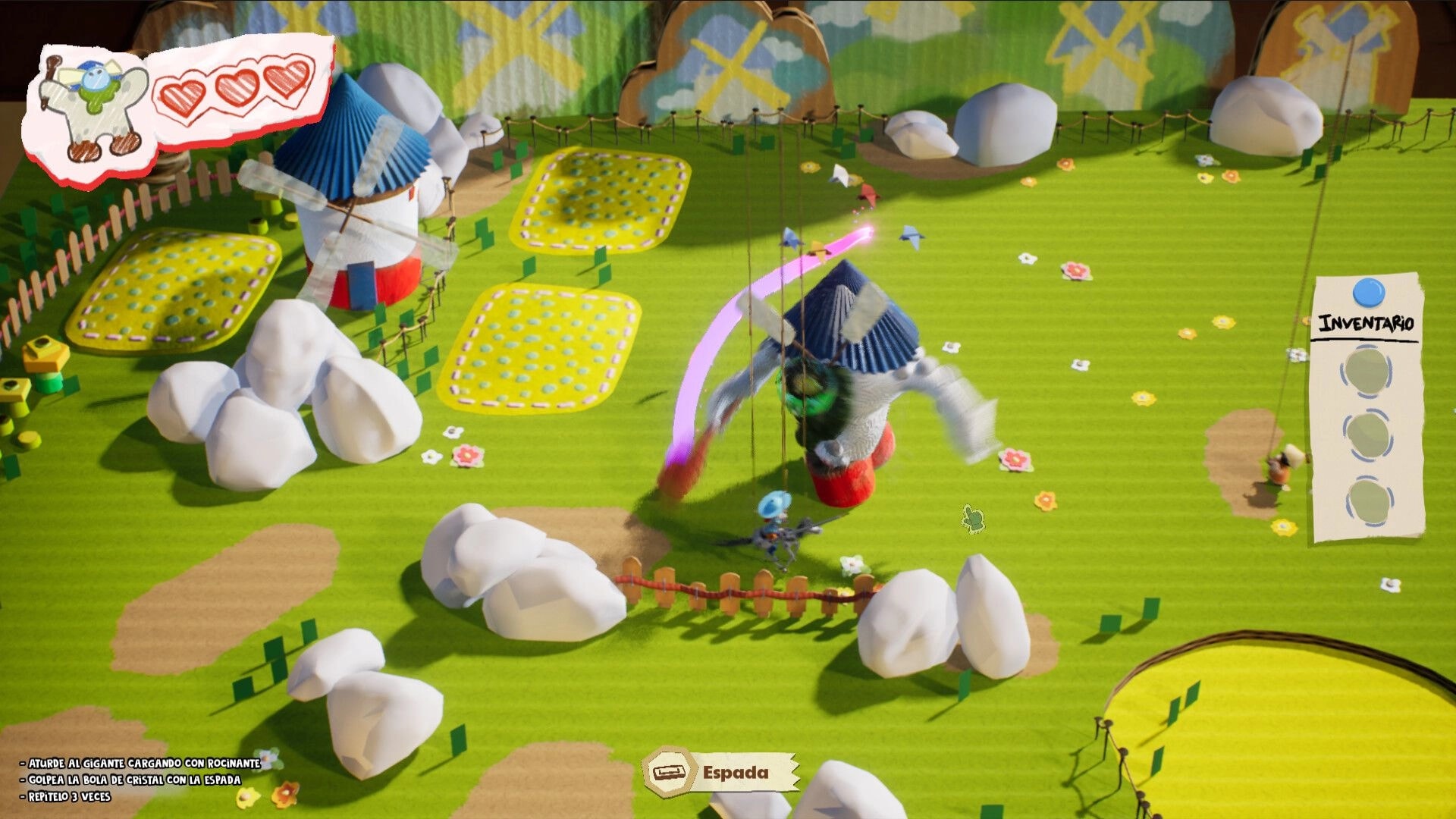 Hidalgo: Don Quijote swings sword at a windmill giant in grassy field, Inventario panel open.