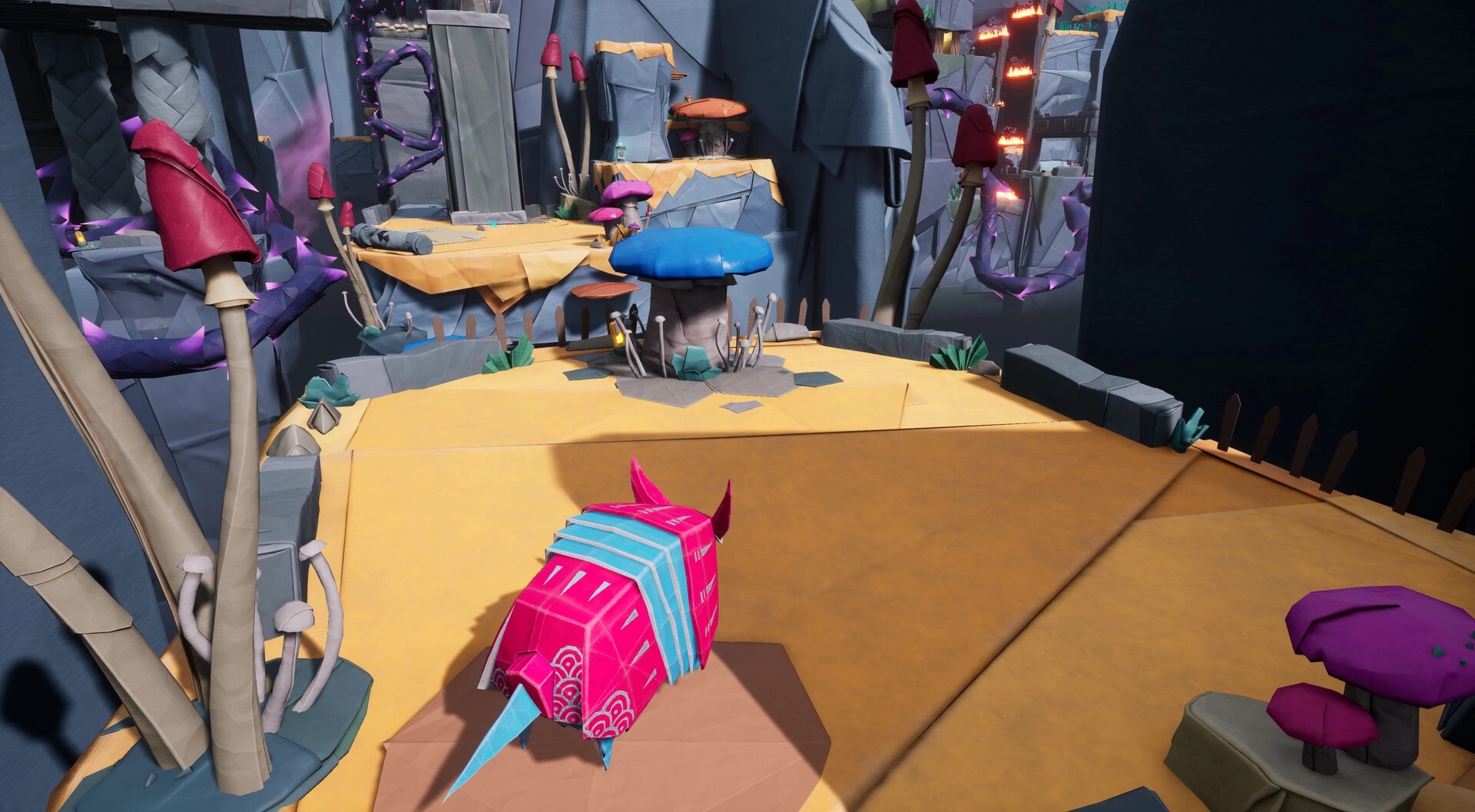 Hirogami: Hiro in armadillo form explores a vibrant origami landscape with colorful mushrooms