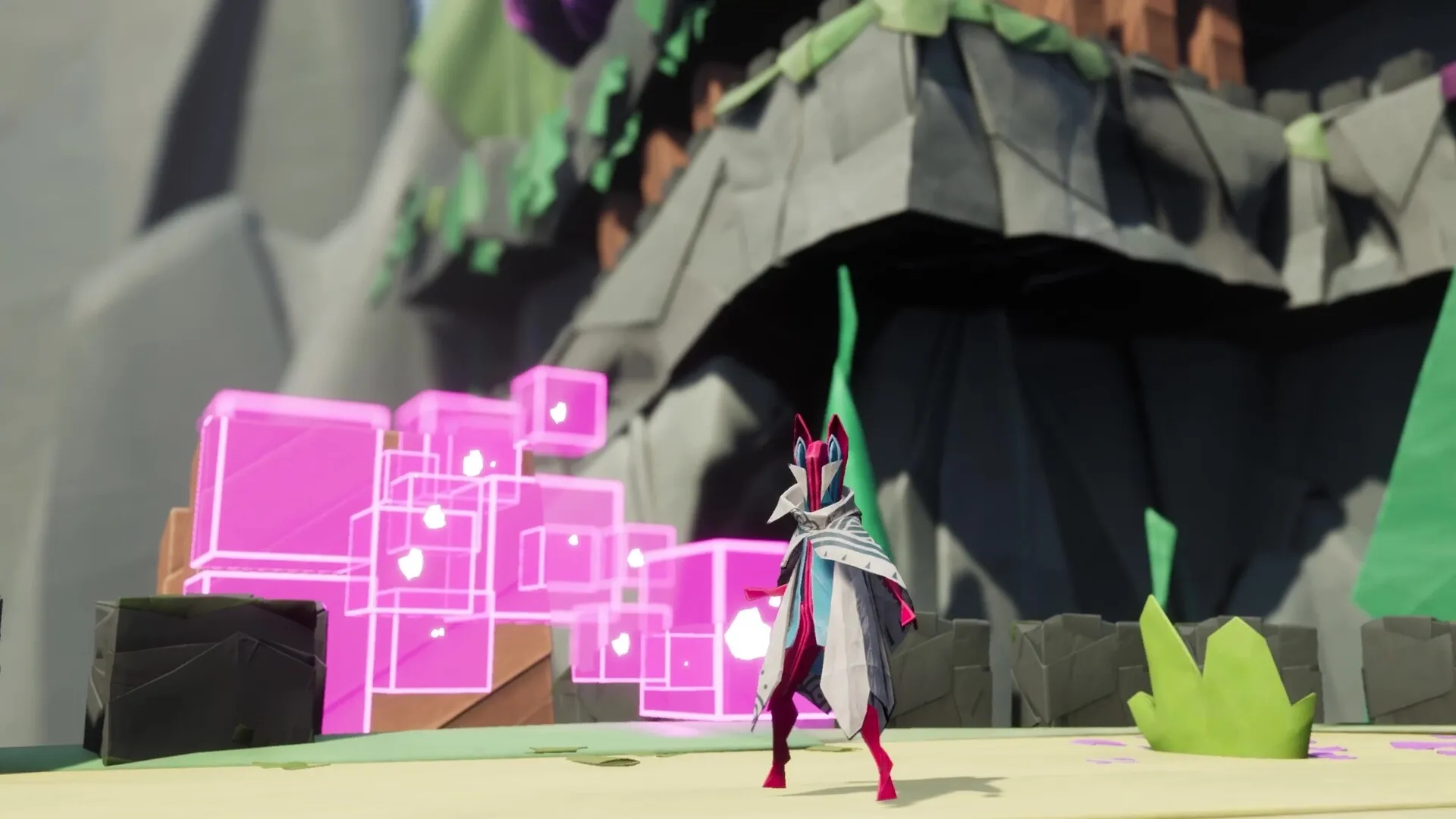 Hirogami: Hiro stands in front of glowing pink digital blocks near a rocky cave entrance.