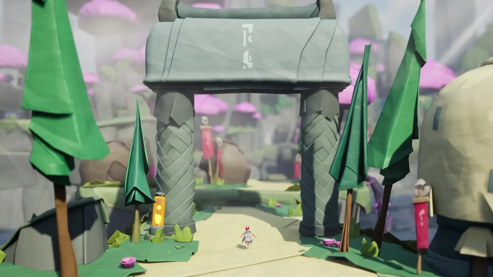 Hirogami: Hiro runs towards a large stone gate in a vibrant origami forest with pink trees.